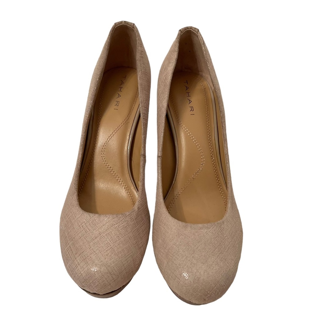 Tahari Shoes Sophia Linen Platform Pumps Stiletto Heels Beige Size 7 1/2 M